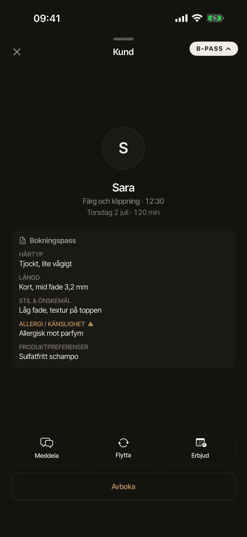 Kundens bokningspass i helskärmsläge
