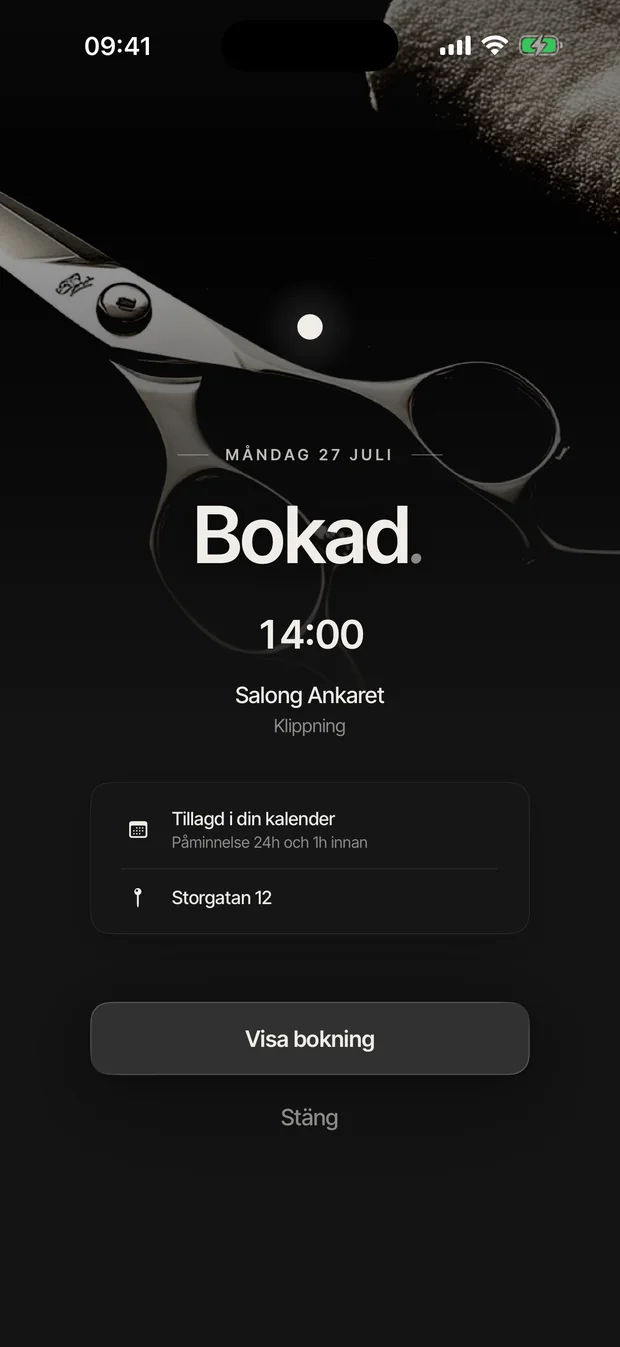 Bekräftelsen i BIX-appen: Bokad, 14:00, tillagd i din kalender