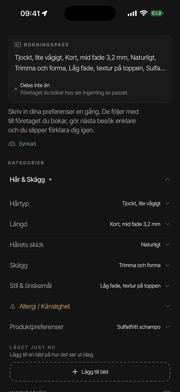 Bokningspasset i BIX-appen med preferenser, allergifält och plats för bilder
