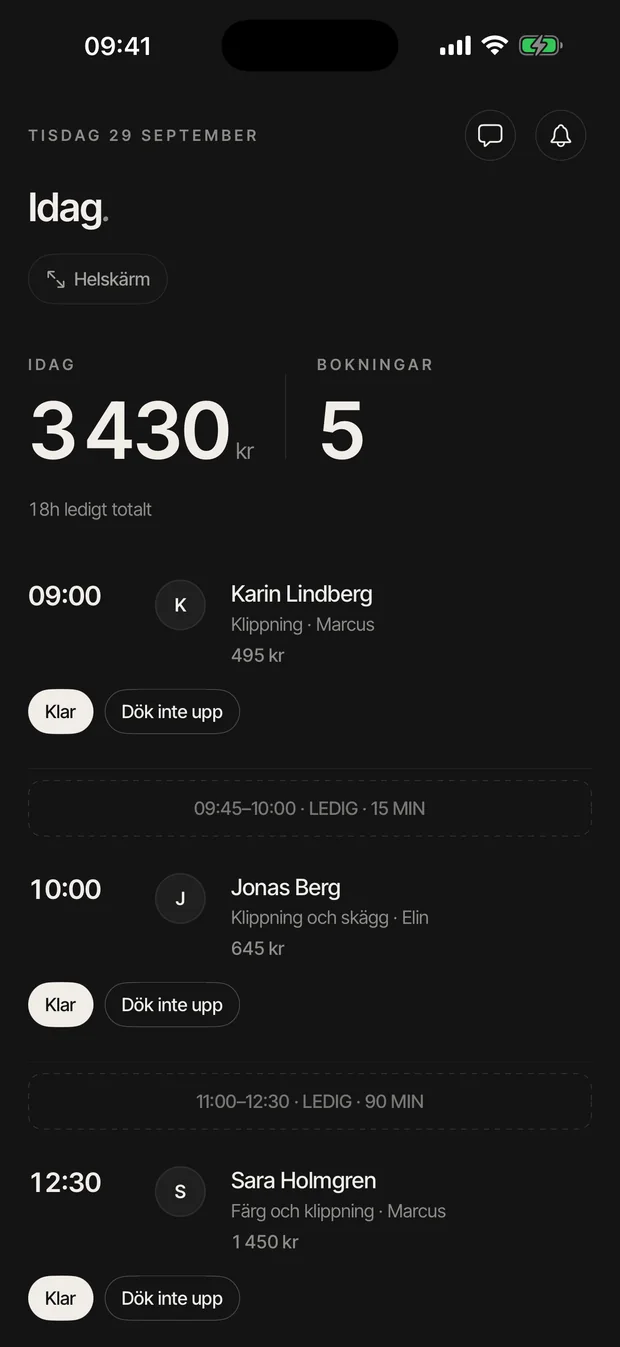 Idag-vyn i BIX-appen med dagens bokningar, lediga luckor och knapparna Klar och Dök inte upp