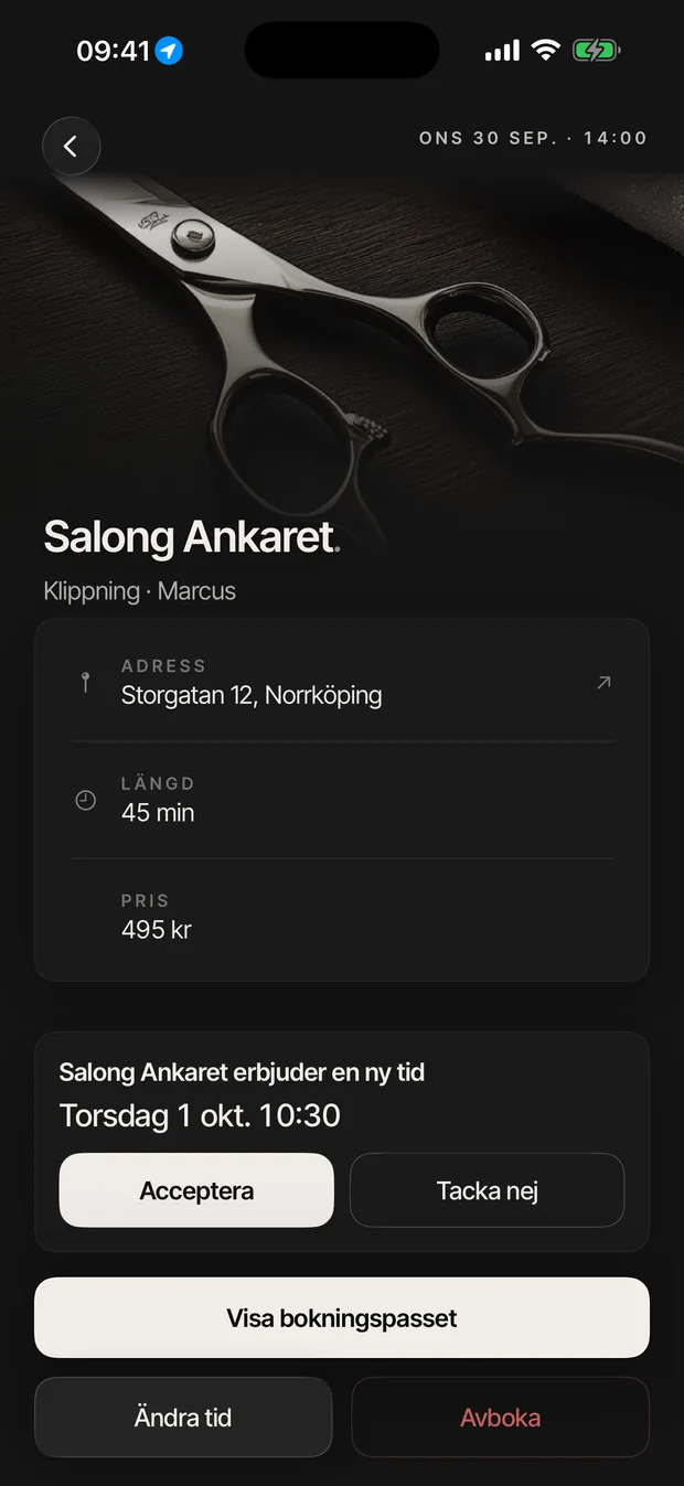 Kundens bokning i BIX-appen: ett företag erbjuder en ny tid, med Acceptera och Tacka nej